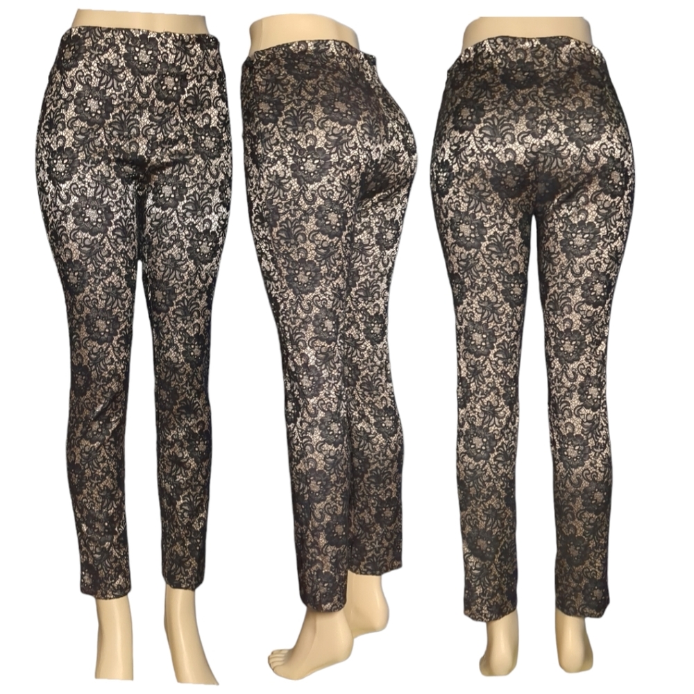 LUXURY Blac and Gold Lace Embellished Pants Size 9/10